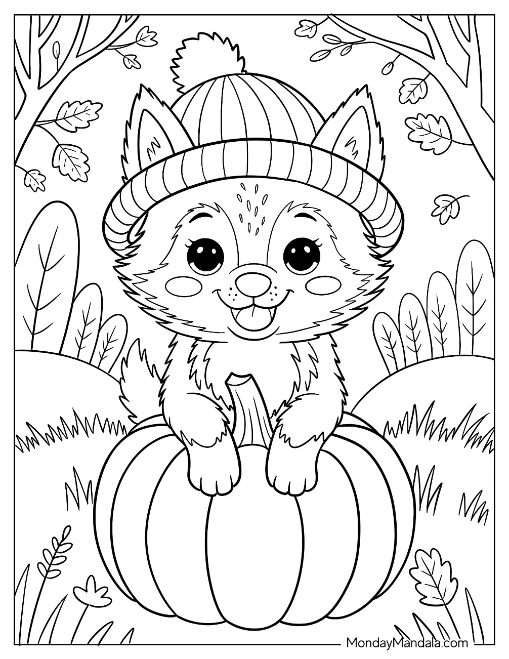 Wolf Coloring Page Pup Wearing Knit Hat on Pumpkin with Autumn Leaves and Trees for Kids coloring page — printable line art