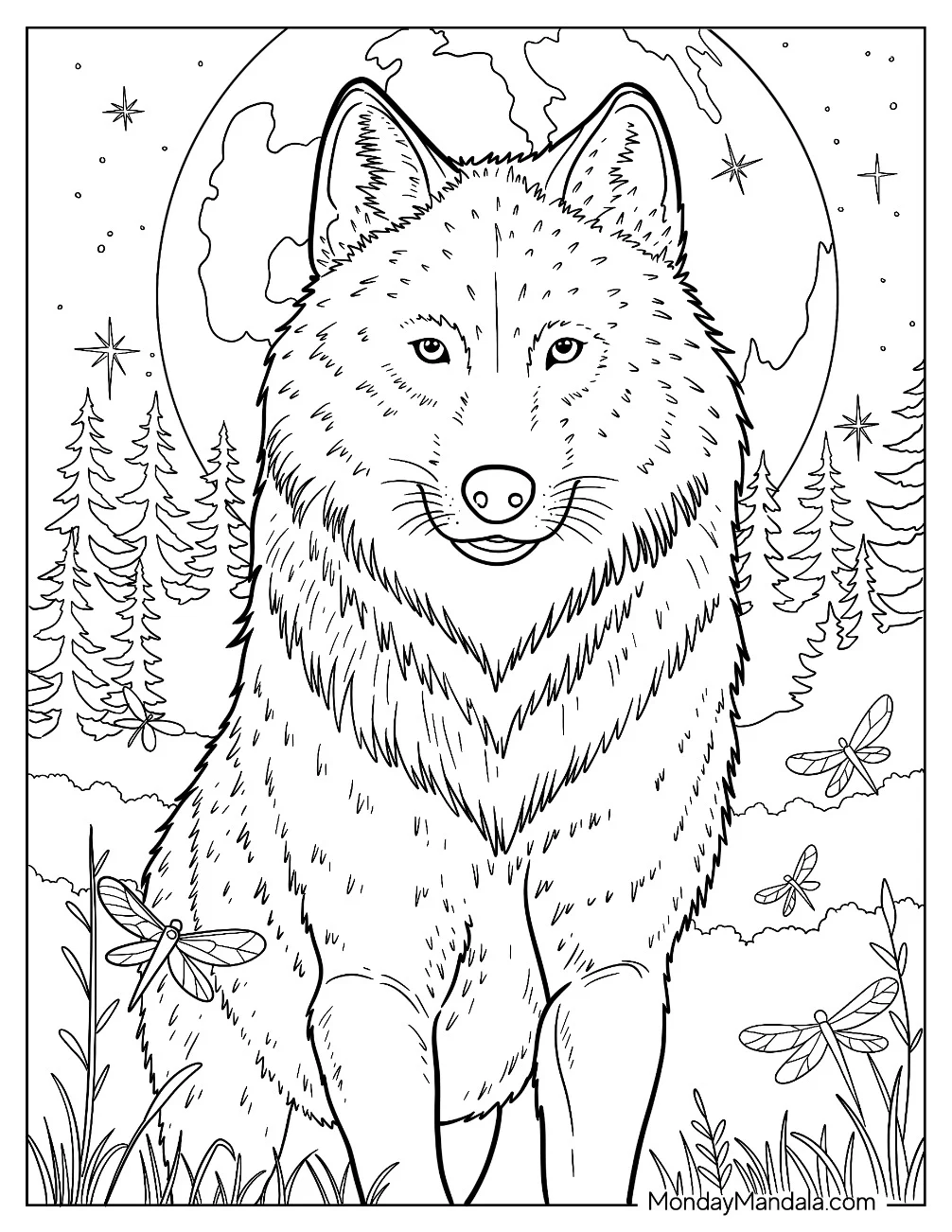 Wolf Coloring Page Sitting in Forest Clearing with Moon and Dragonflies coloring page