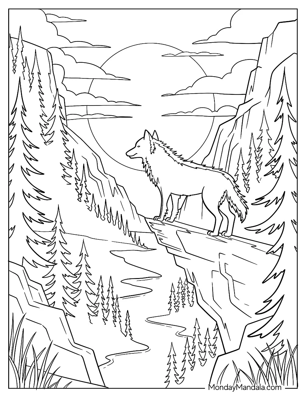 Wolf Coloring Page Standing on Cliff Overlooking River and Pine Valley coloring page