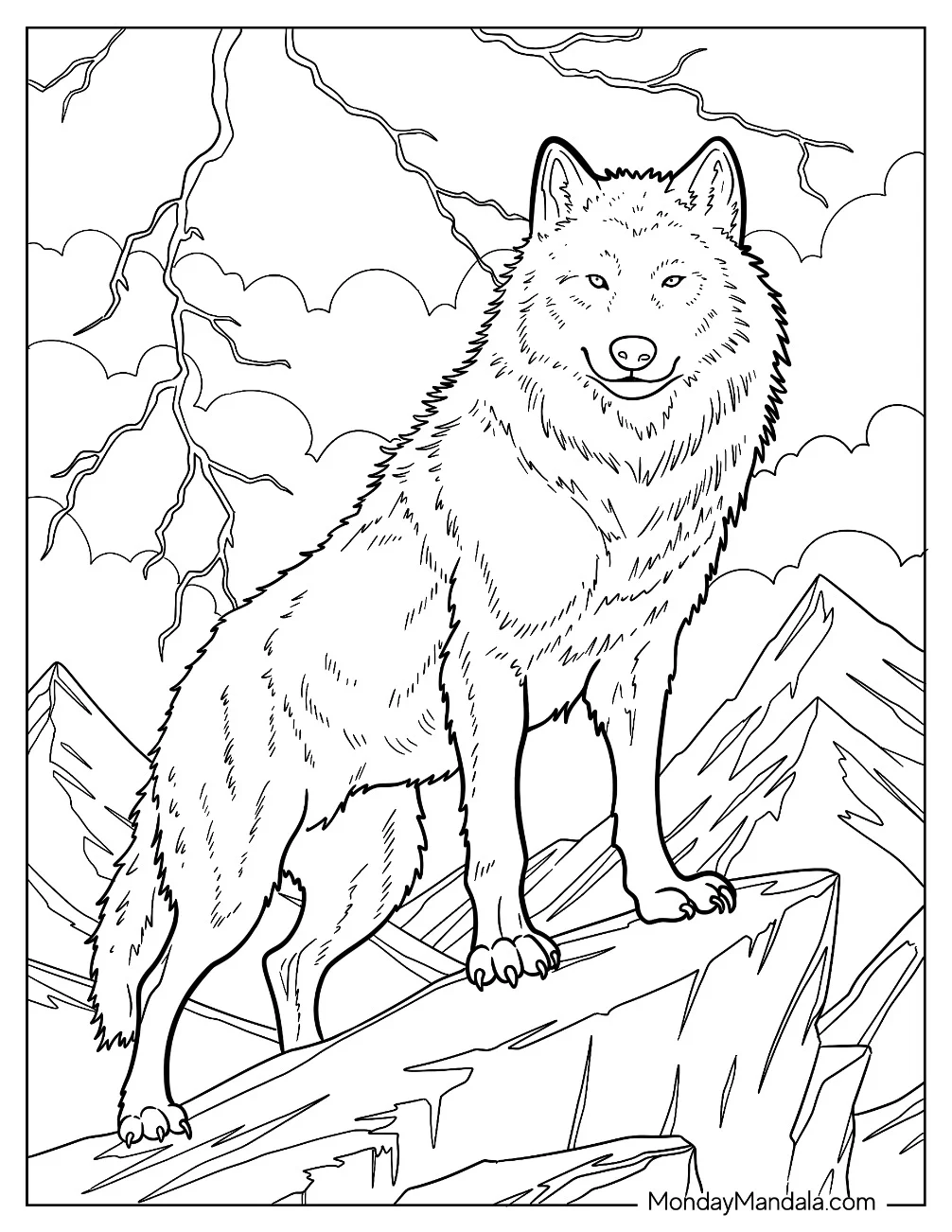 Wolf Coloring Page Standing on Rocky Mountain with Lightning Storm in Sky coloring page