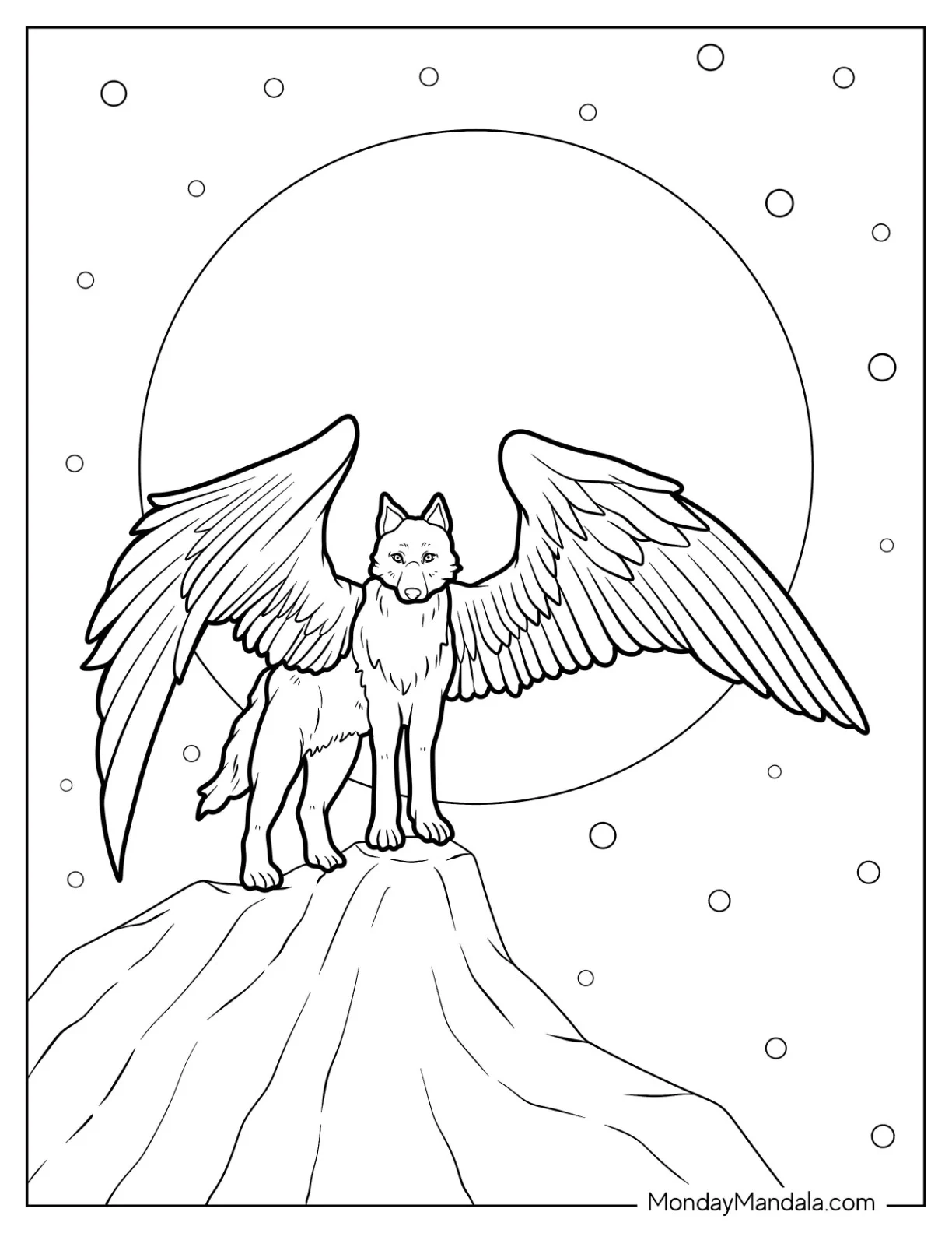 Wolf Coloring Page With Angel Wings On A Full Moon coloring page