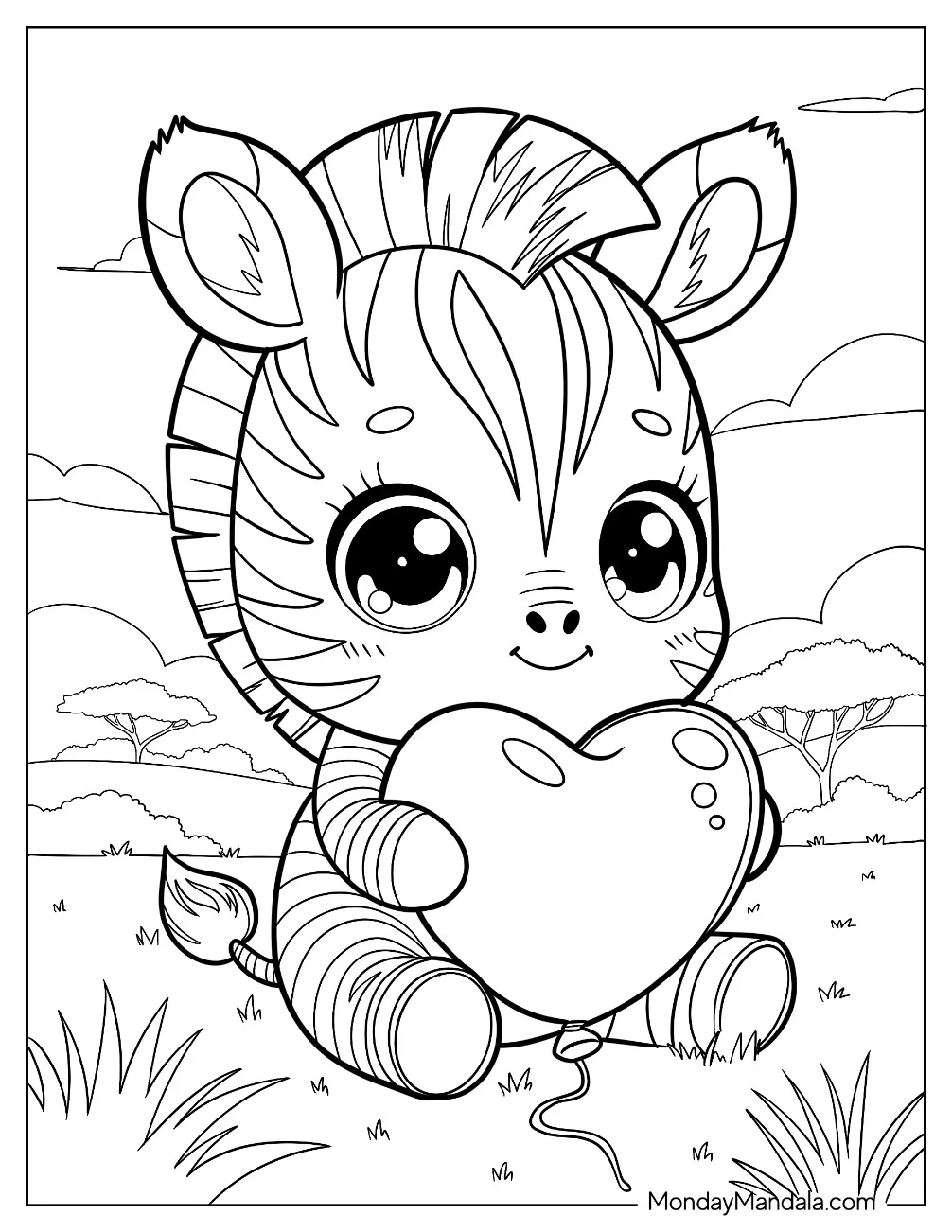 Adorable Little Zebra Coloring Page Hugging a Love Heart Balloon for Kids coloring page