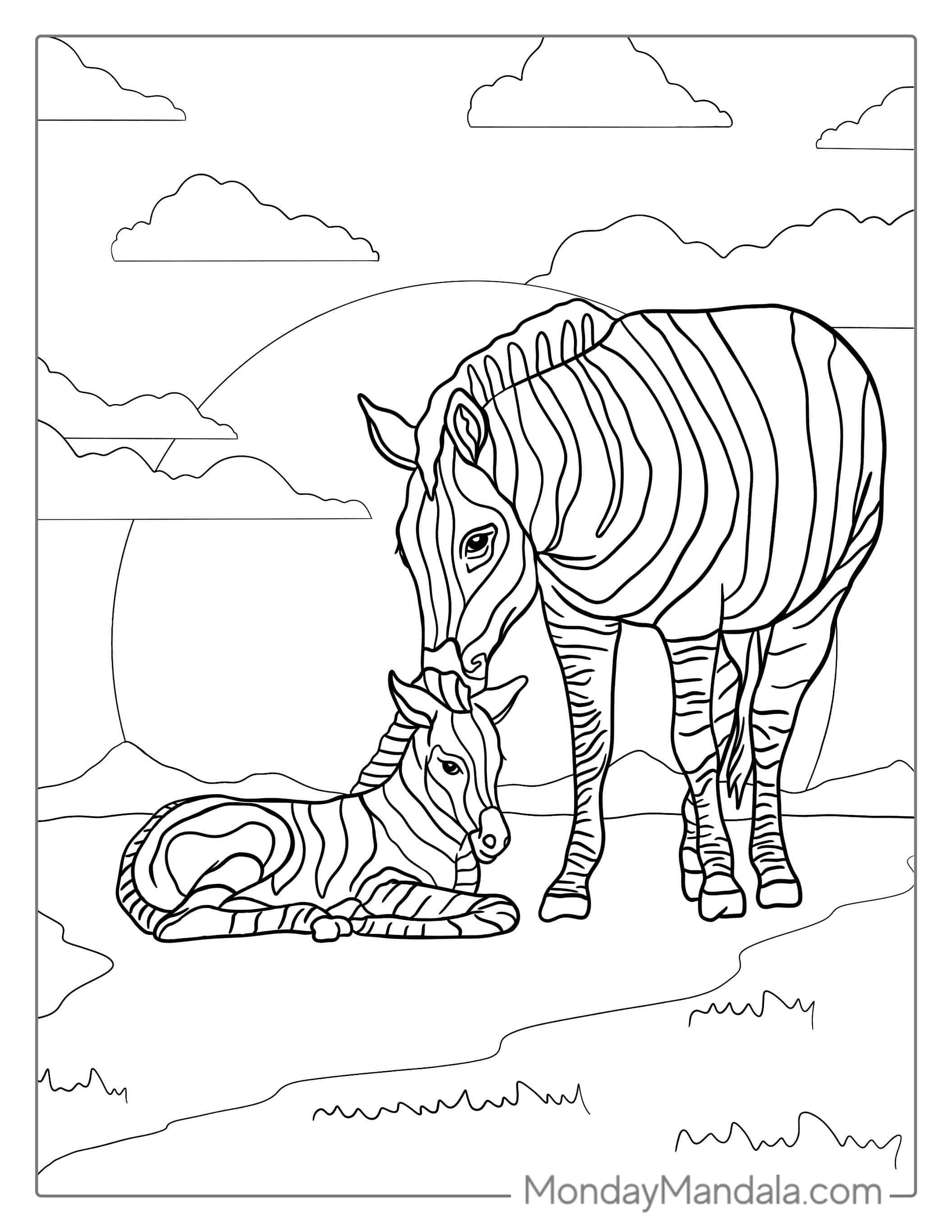 Baby Zebra Being Comforted By Mother To Color coloring page