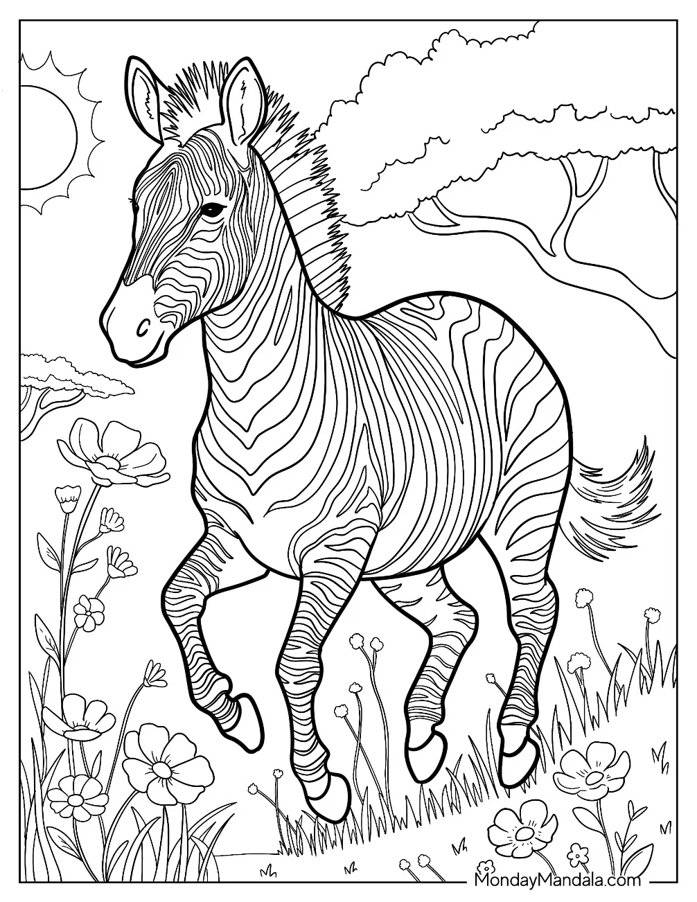 Beautiful Zebra Coloring Page Running in a Flower Field coloring page