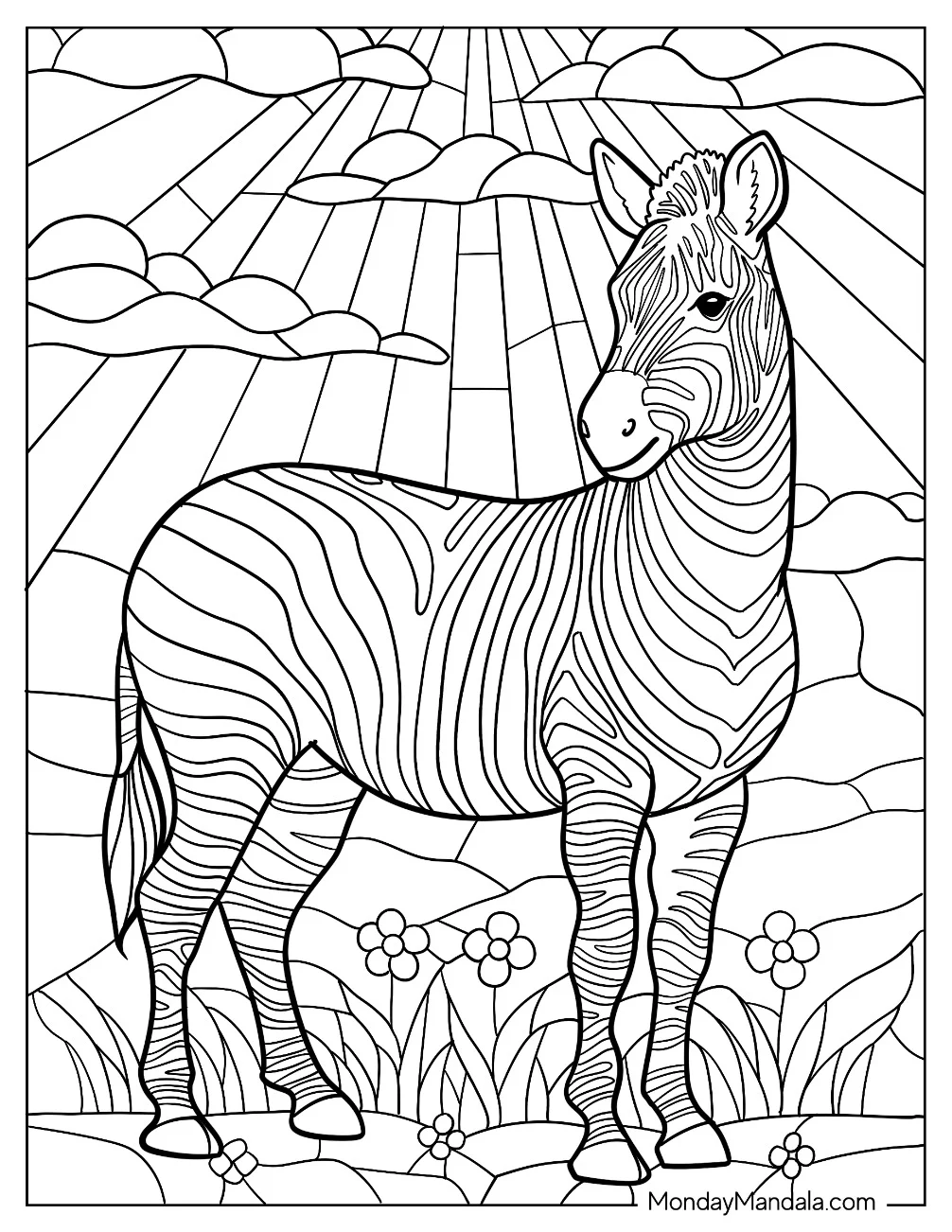 Beautiful Zebra Coloring Page Standing on a Flower Field Stained Glass coloring page — printable line art