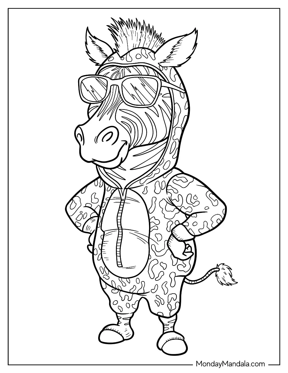 Cool Zebra in a Onesie and Sunglasses Coloring Sheet for Kids coloring page