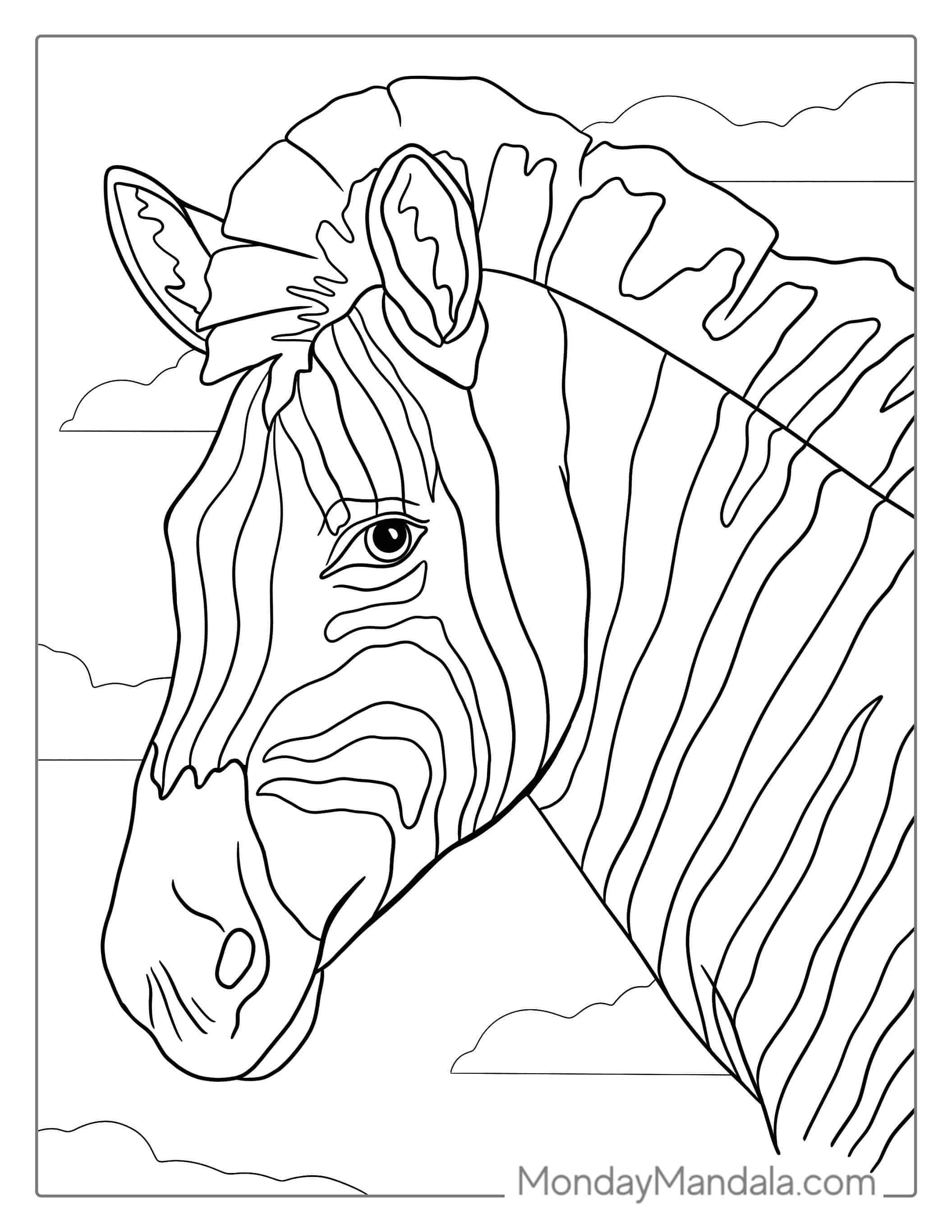 Detailed Zebra Face With Stripes To Color coloring page