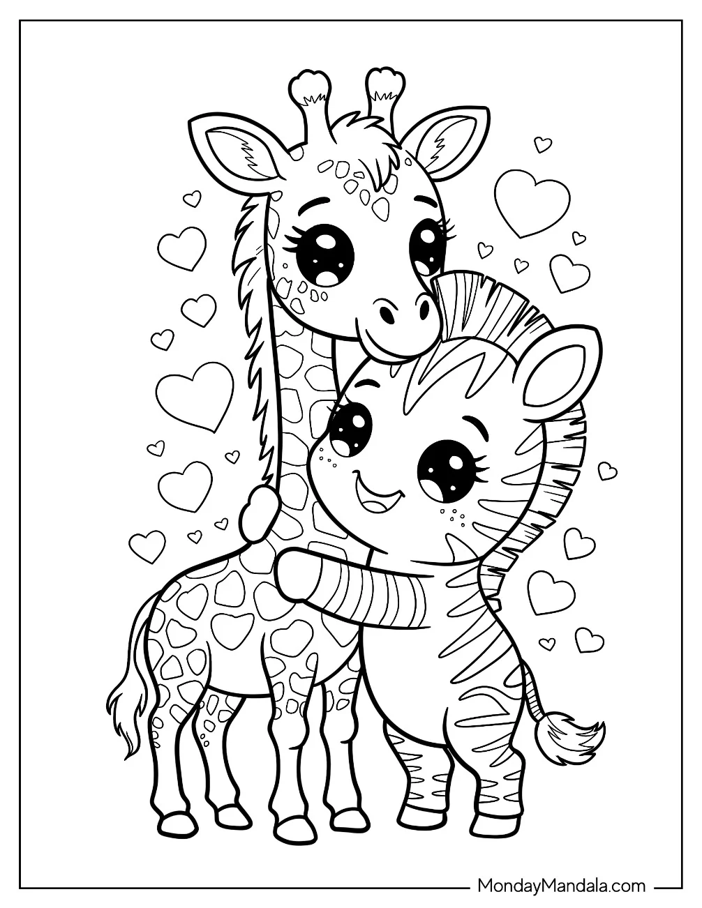 Friendly Zebra Coloring Page Hugging a Giraffe coloring page — printable line art