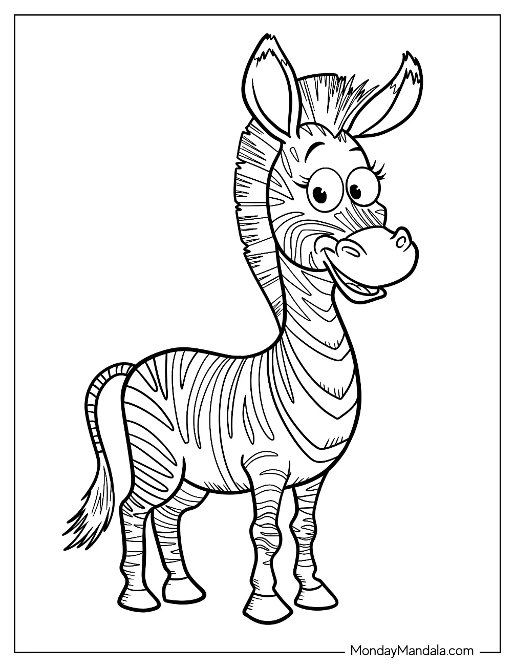 Funny Cartoon Zebra Coloring Page with Perked Ears for Kids coloring page