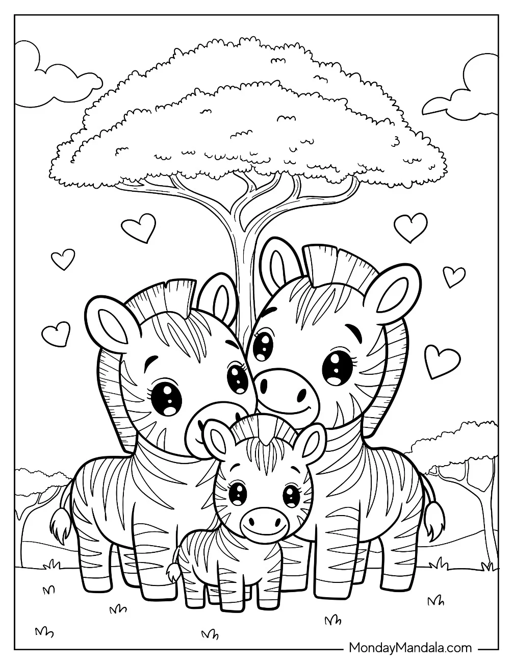 Happy Zebra Coloring Page Family Under a Tree for Kids coloring page