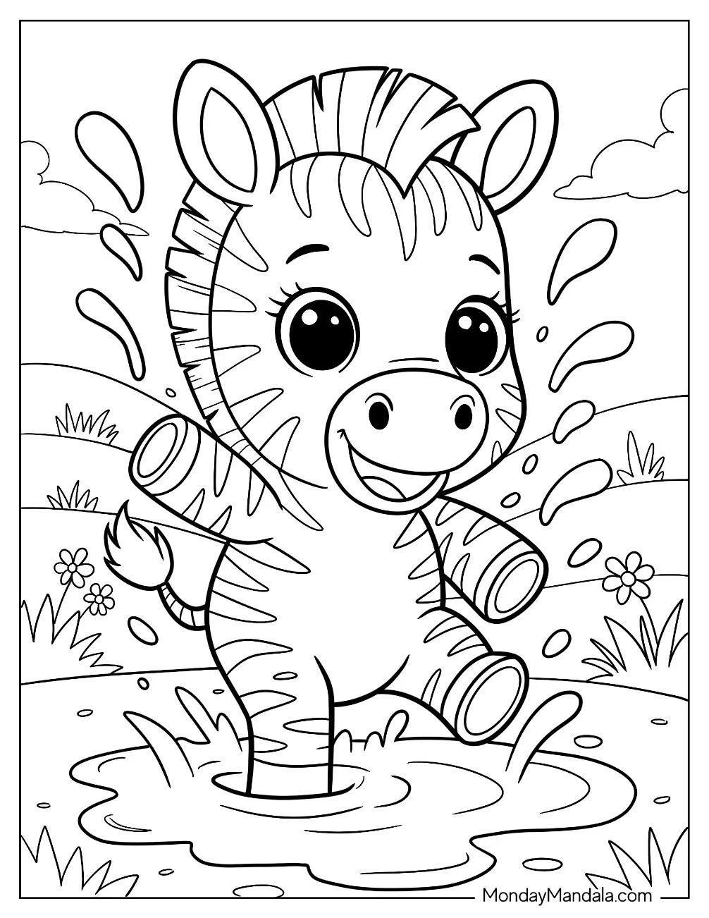 Happy Zebra Coloring Page Playing in a Puddle coloring page — printable line art
