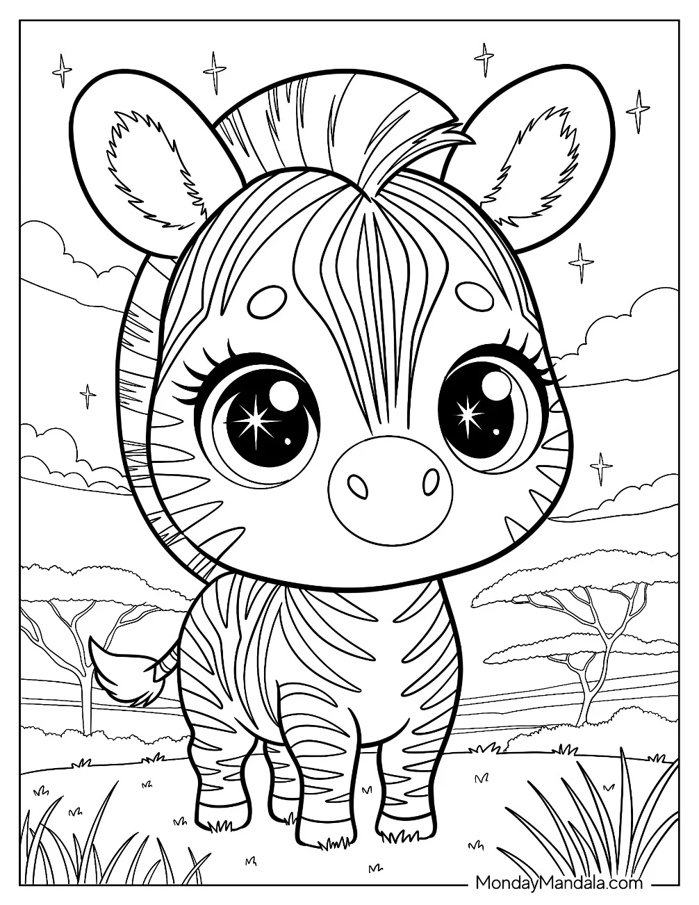 Kawaii Zebra Coloring Page with Starry Eyes for Kids coloring page — printable line art