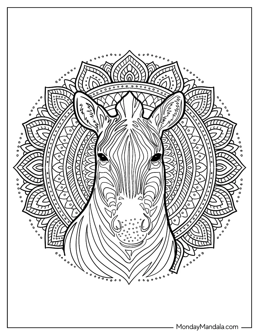 Majestic Zebra Coloring Page Mandala coloring page — printable line art