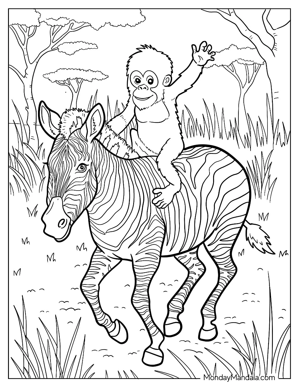 Monkey Riding on the Back of a Zebra Coloring Page coloring page