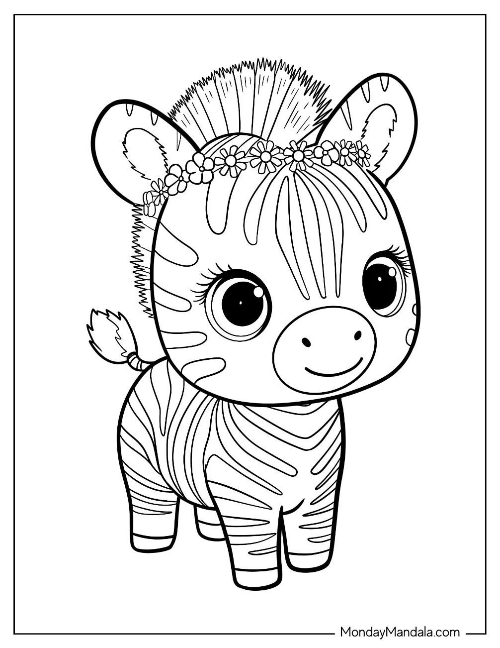 Simple Zebra Coloring Page Wearing a Flower Crown for Preschoolers coloring page
