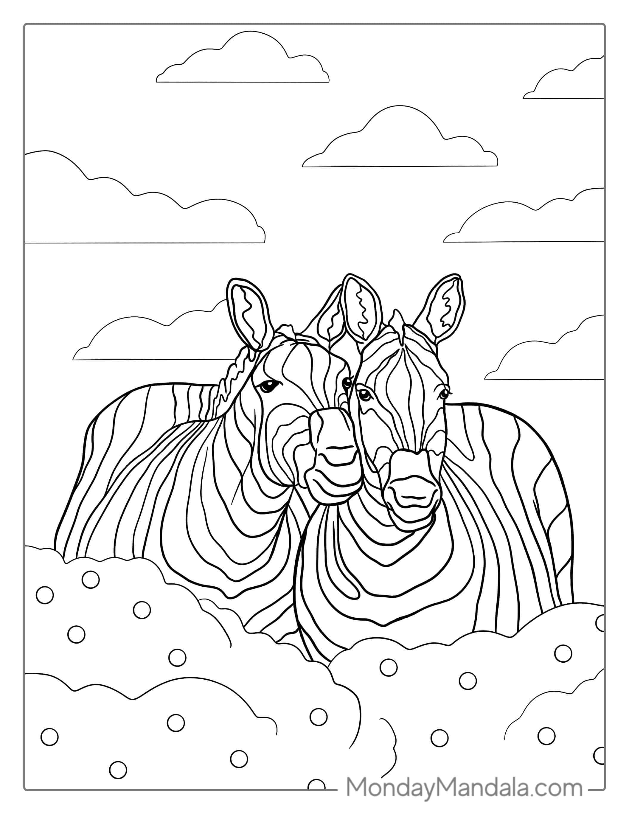 Two Zebras Touching Noses To Color coloring page — printable line art