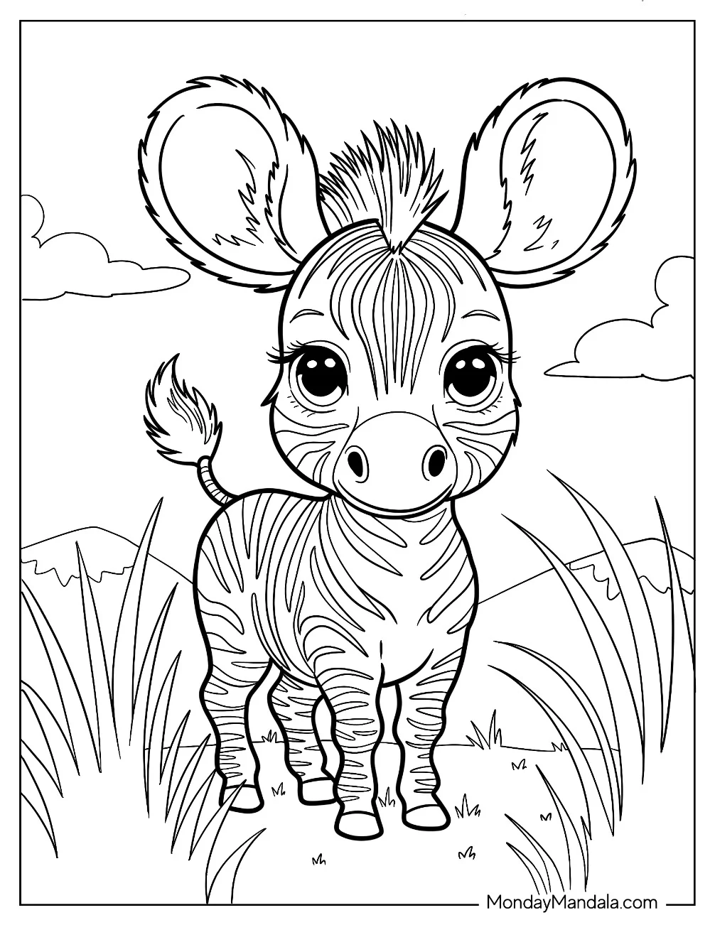 Young Zebra Coloring Page with Large Ears coloring page — printable line art