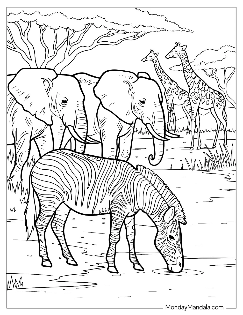Zebra Coloring Page Drinking From a River with Elephants and Giraffes coloring page
