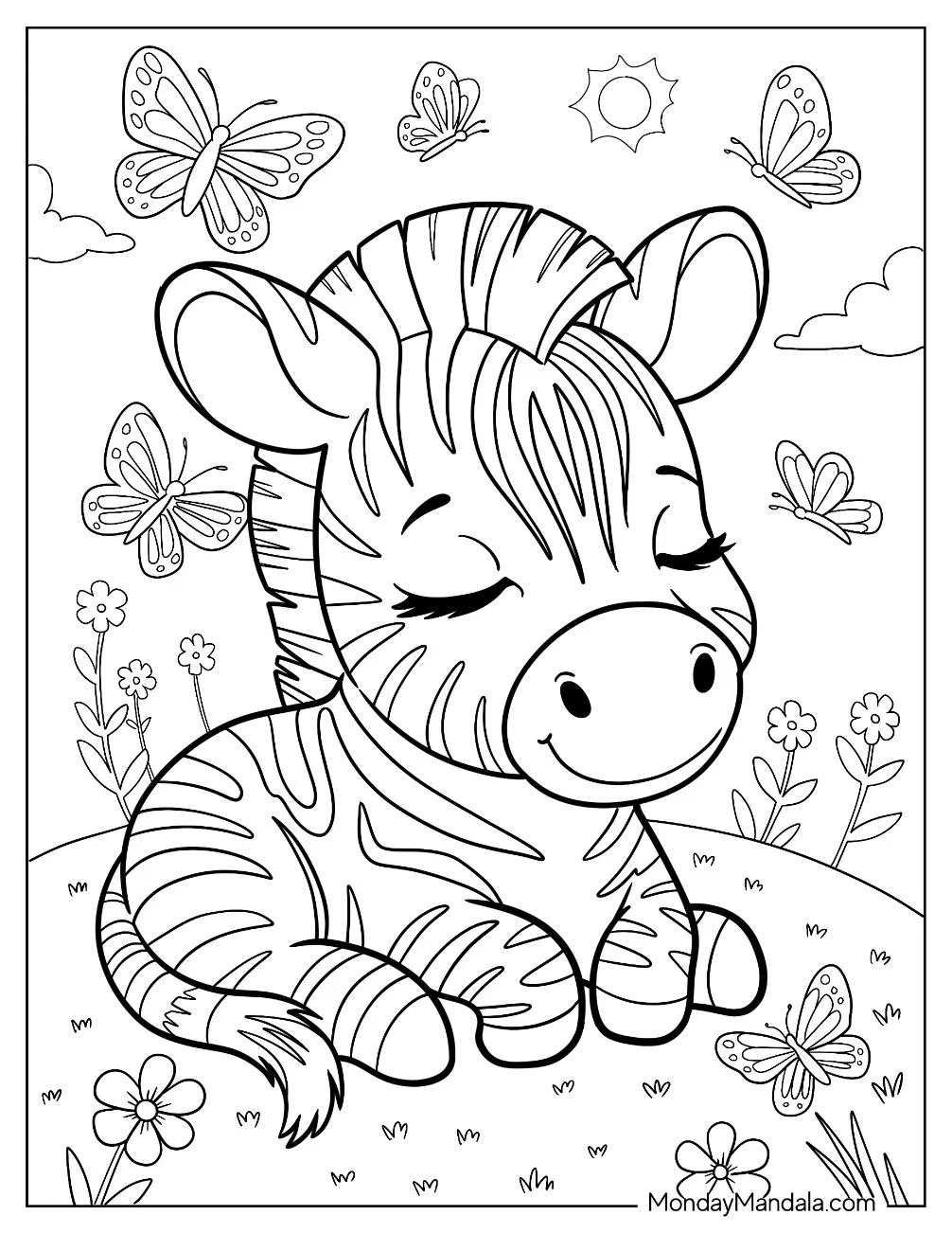 Zebra Coloring Page Resting in a Meadow with Flowers and Butterflies for Kids coloring page
