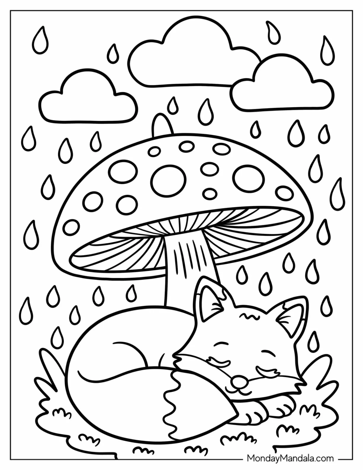 Baby Fox Sheltering From Rain Coloring Page Beneath a Giant Mushroom coloring page