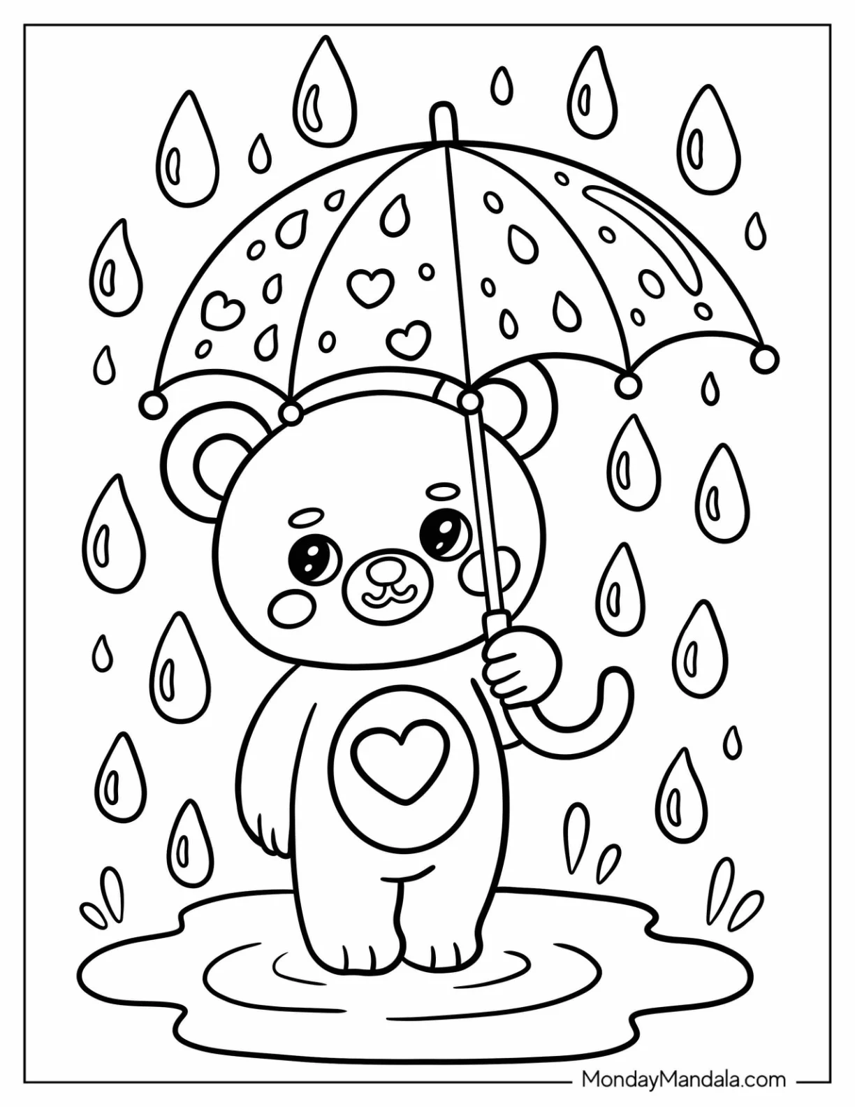 Bear Standing in Puddle Holding Heart Umbrella in the Rain Coloring Page For Kids coloring page
