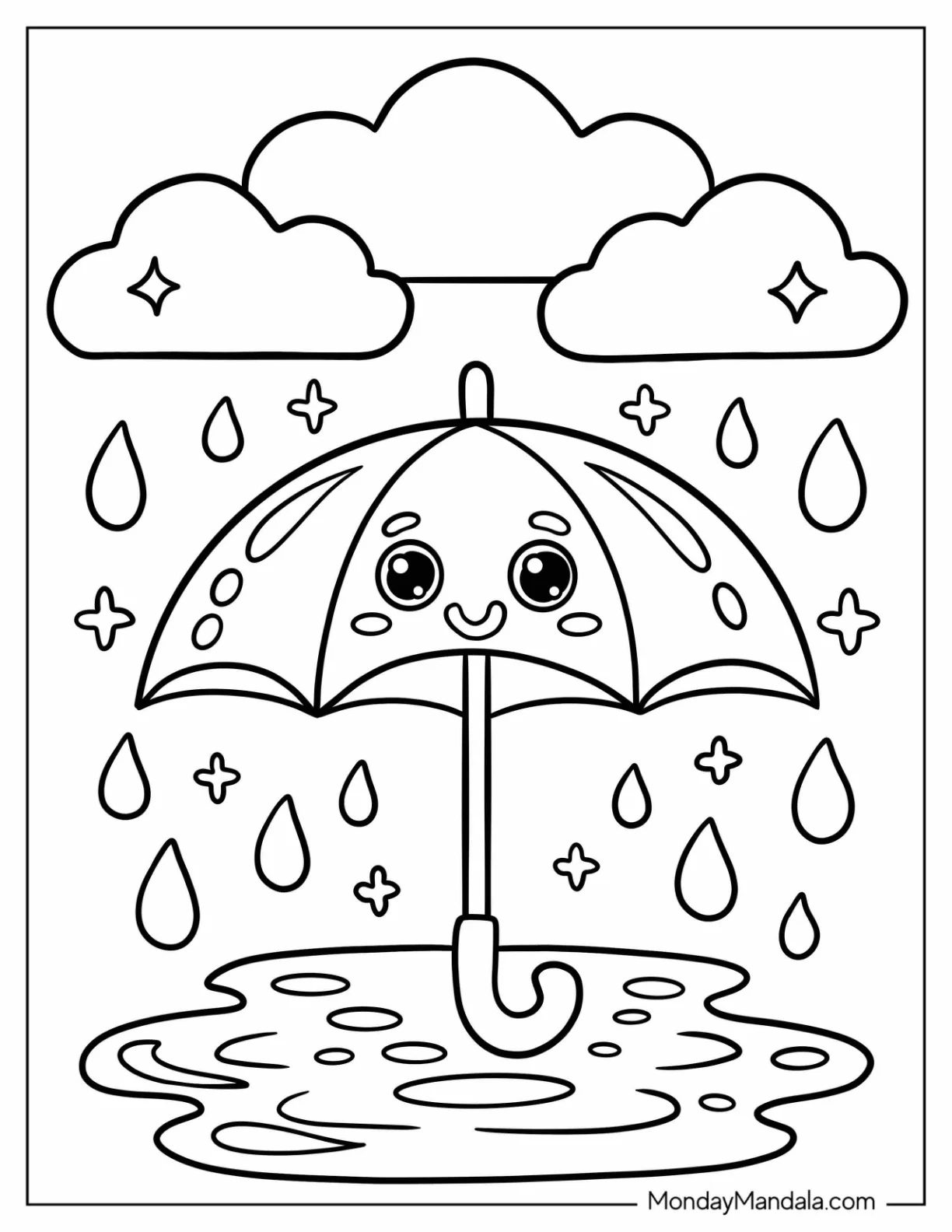 Cartoon Umbrella Under The Rain Coloring Page With Puddle and Sparkles For Preschoolers coloring page