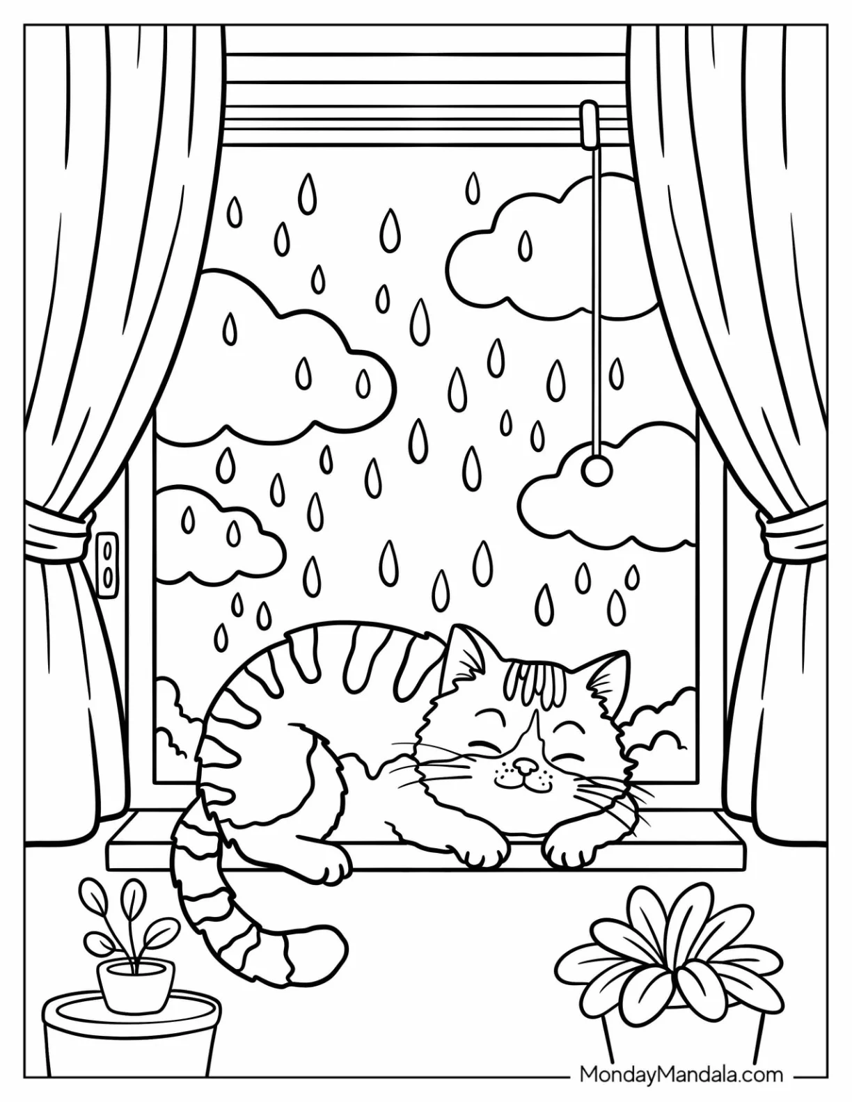 Cat Resting On Window Ledge While Rain Coloring Page Falls Over Cloudy Garden View coloring page
