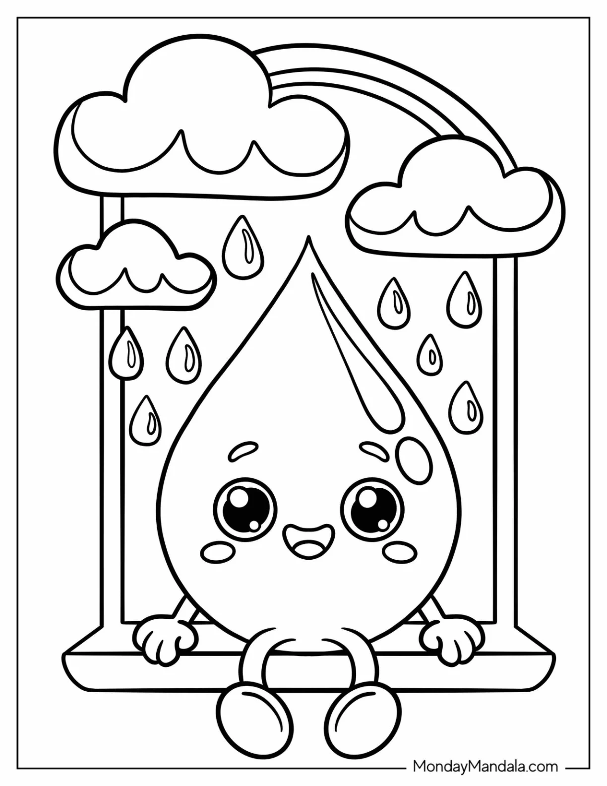 Friendly Cartoon Raindrop Seated on Window Ledge as Rain Coloring Page Falls Outside coloring page