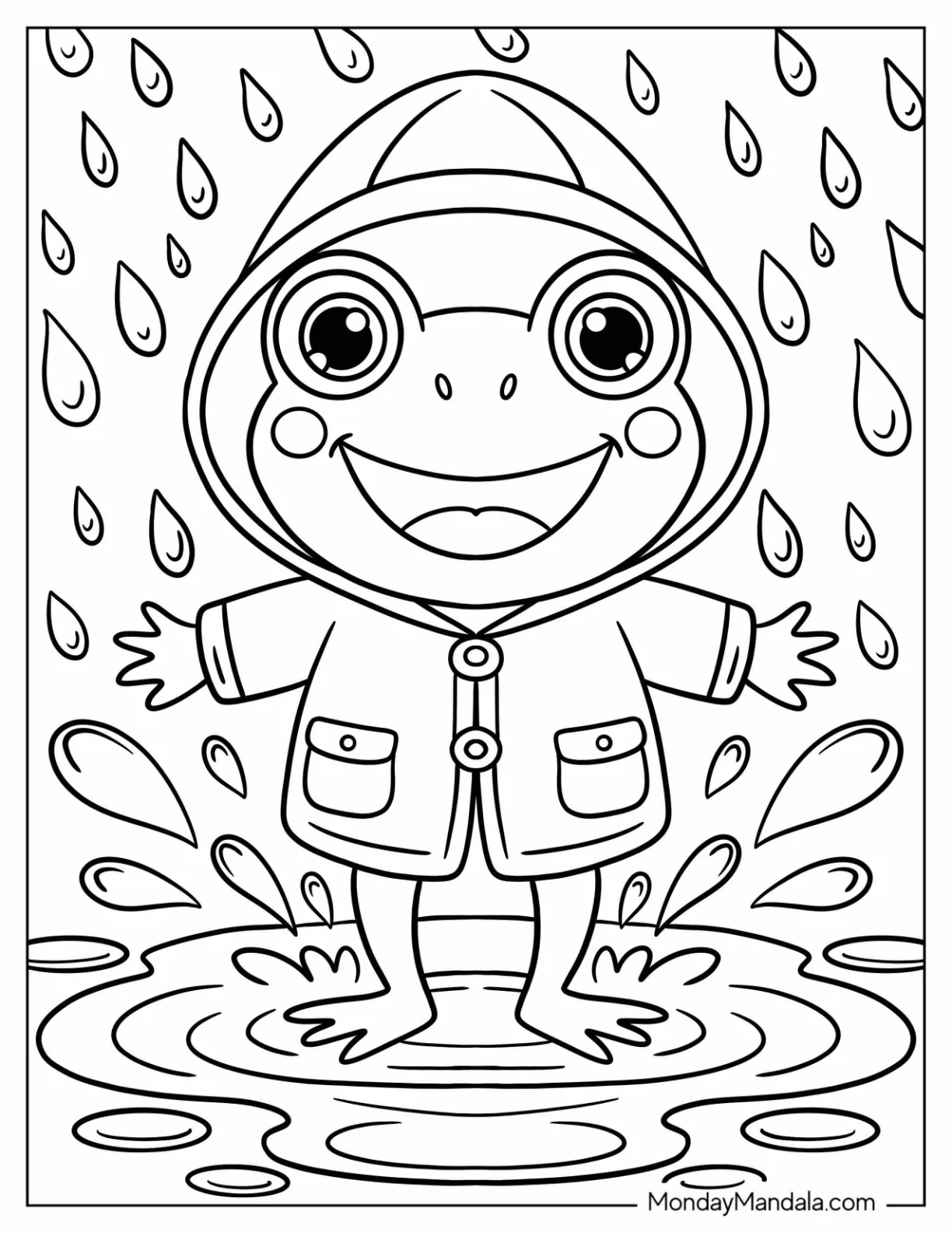 Frog Wearing Raincoat Splashing in Puddle During Rain Coloring Page coloring page