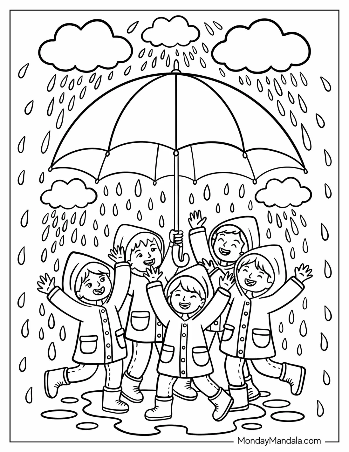 Group of Kids Sharing Umbrella and Laughing Together in the Rain Coloring Page coloring page — printable line art