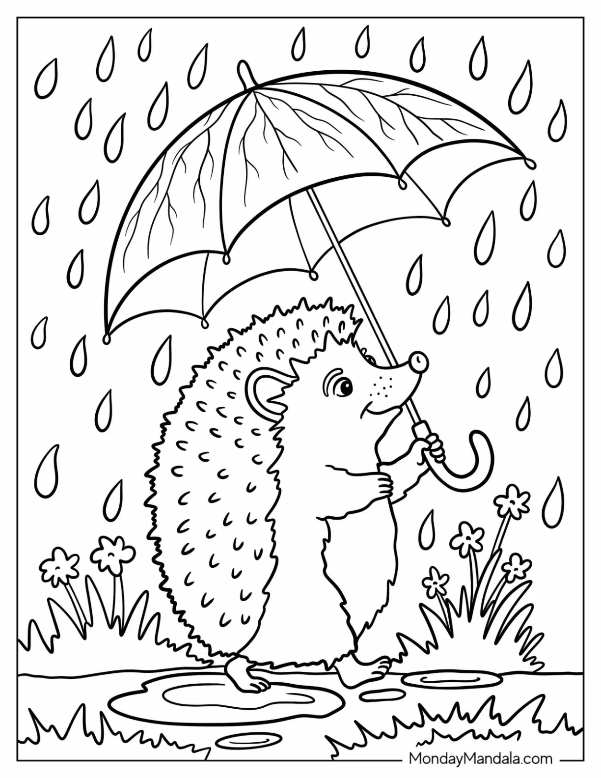 Hedgehog Holding Umbrella While Walking in the Rain Coloring Page coloring page — printable line art