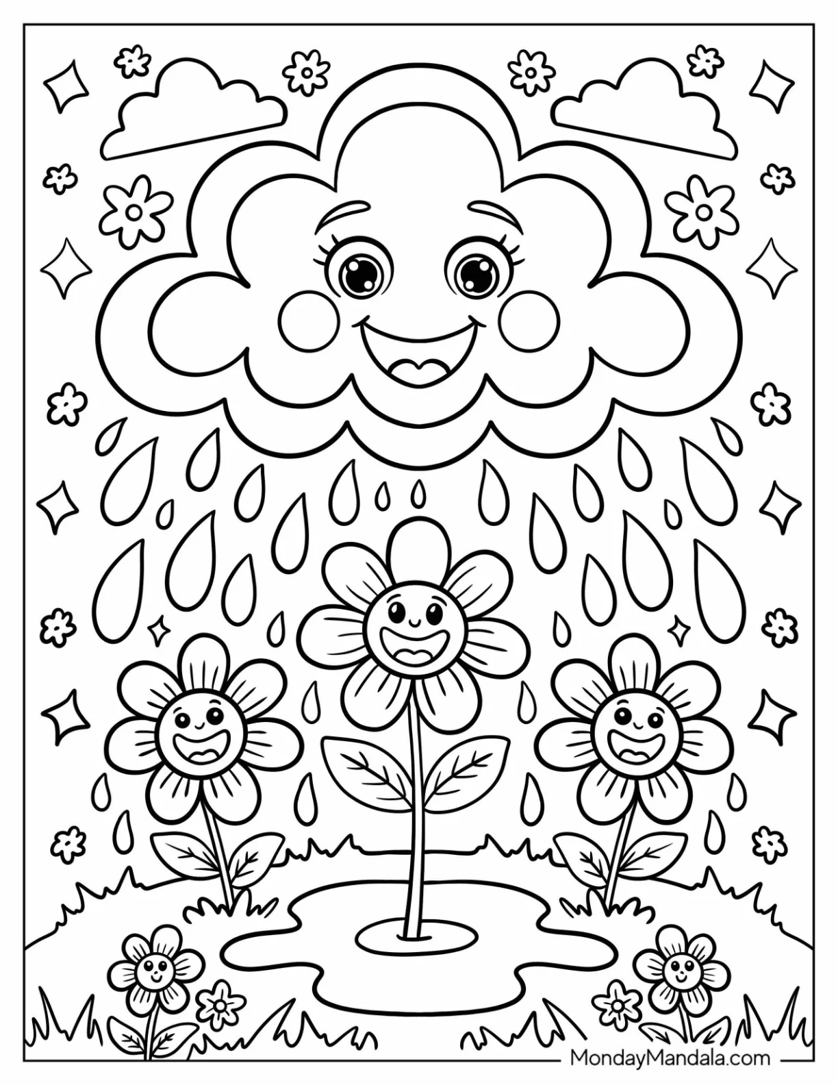 Joyful Cloud Watering Flowers With Rain Coloring Page and Sparkles coloring page — printable line art