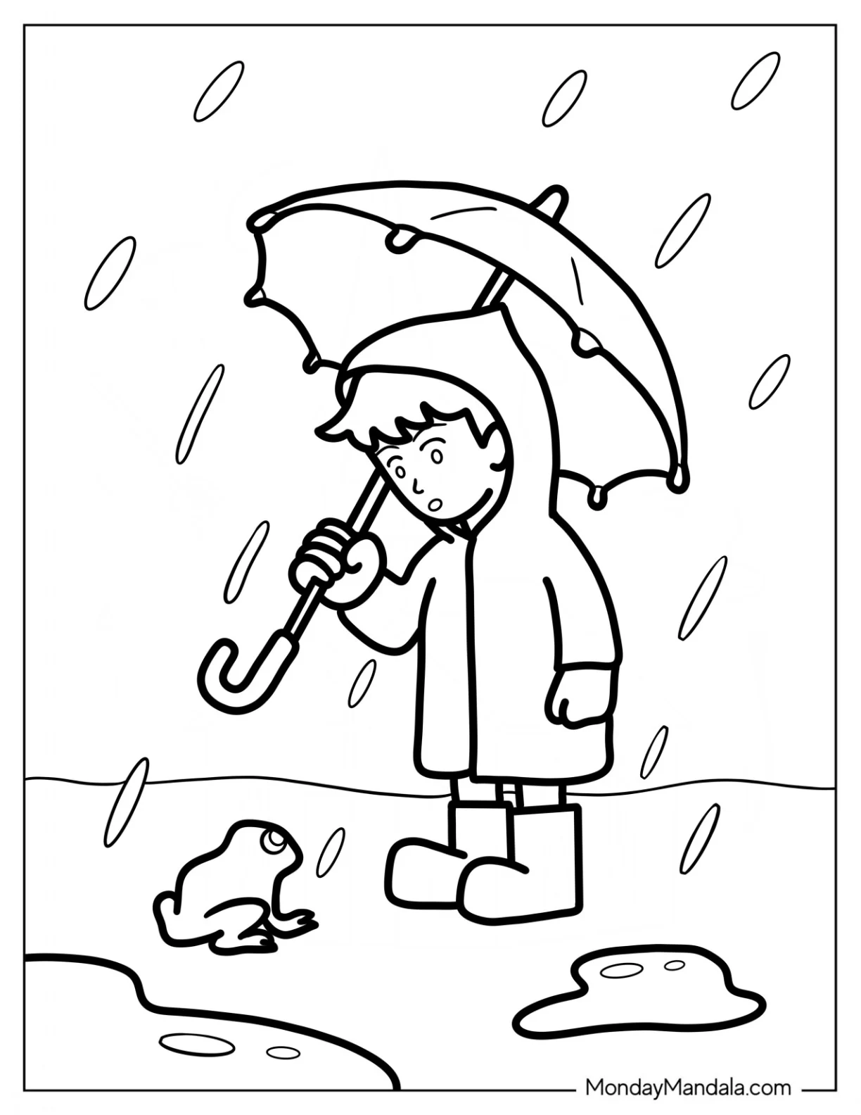 Little Boy Looking At Frog Under The Rain Coloring Page coloring page