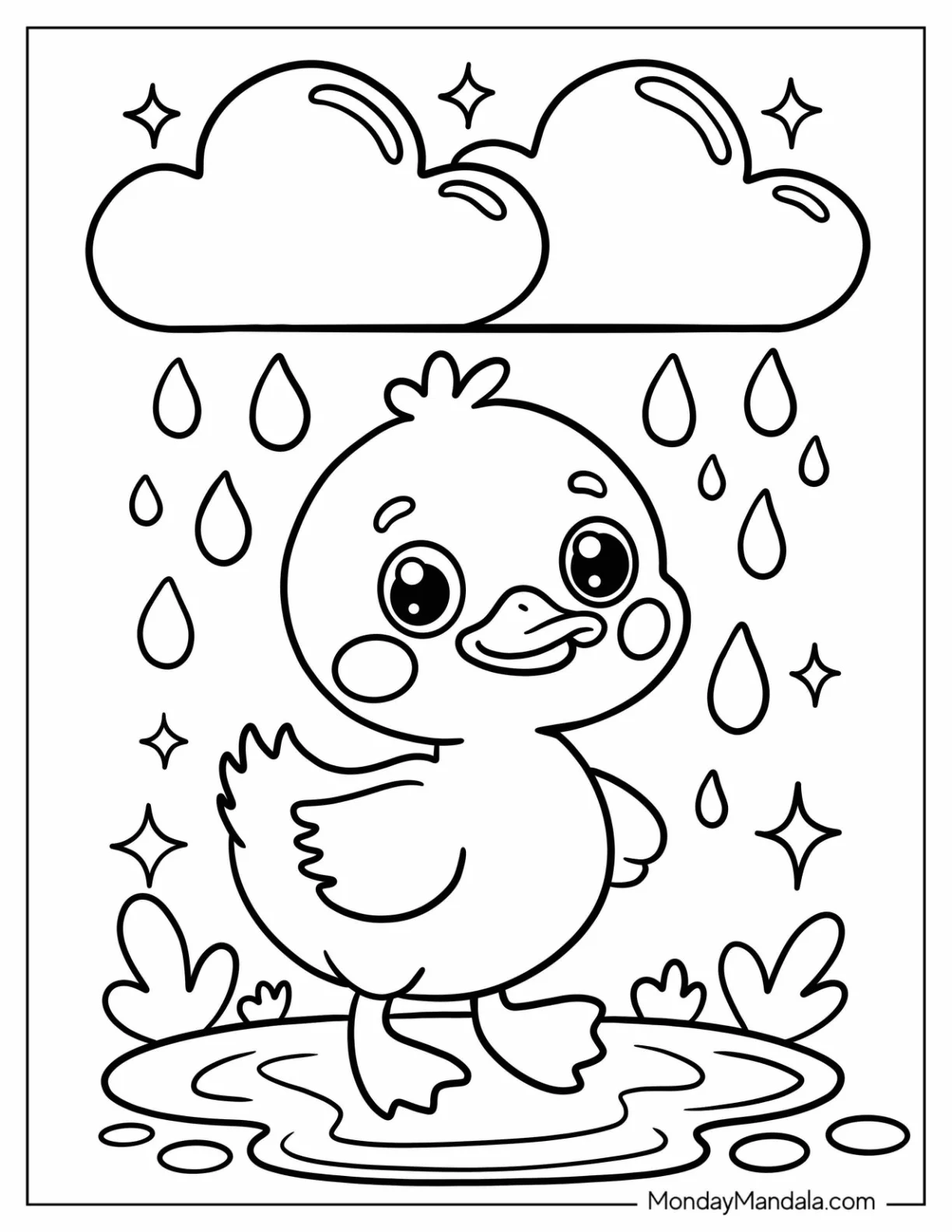Little Duckling Playing in the Rain Coloring Page With Big Clouds For Preschoolers coloring page — printable line art