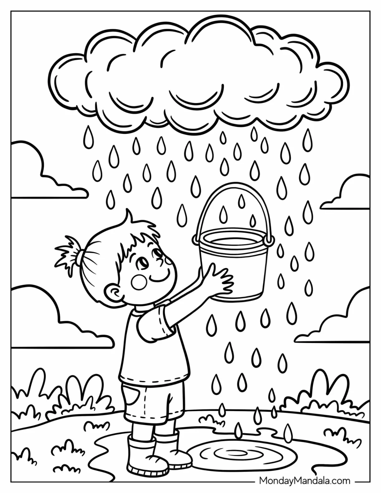 Little Girl Catching Rain Coloring Page in Bucket Beneath Dark Raincloud coloring page — printable line art