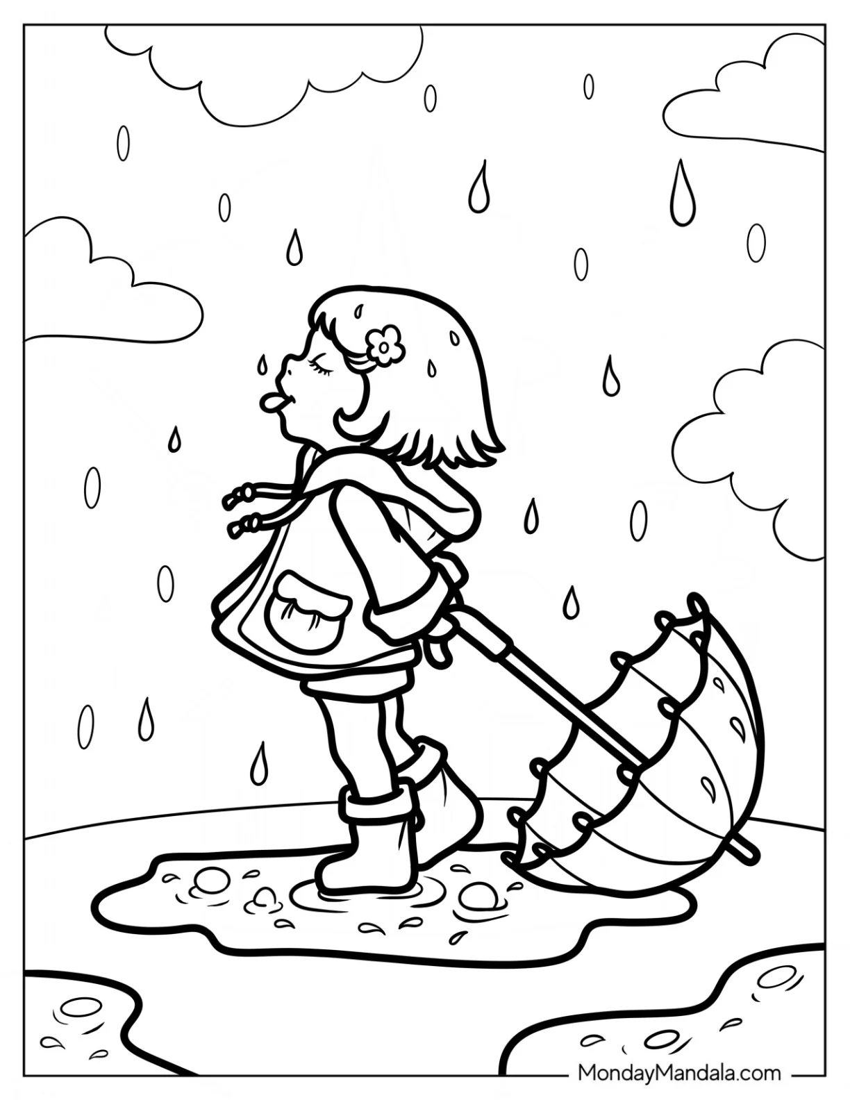 Little Girl Sticking Tongue Out To Catch Rain Coloring Page coloring page