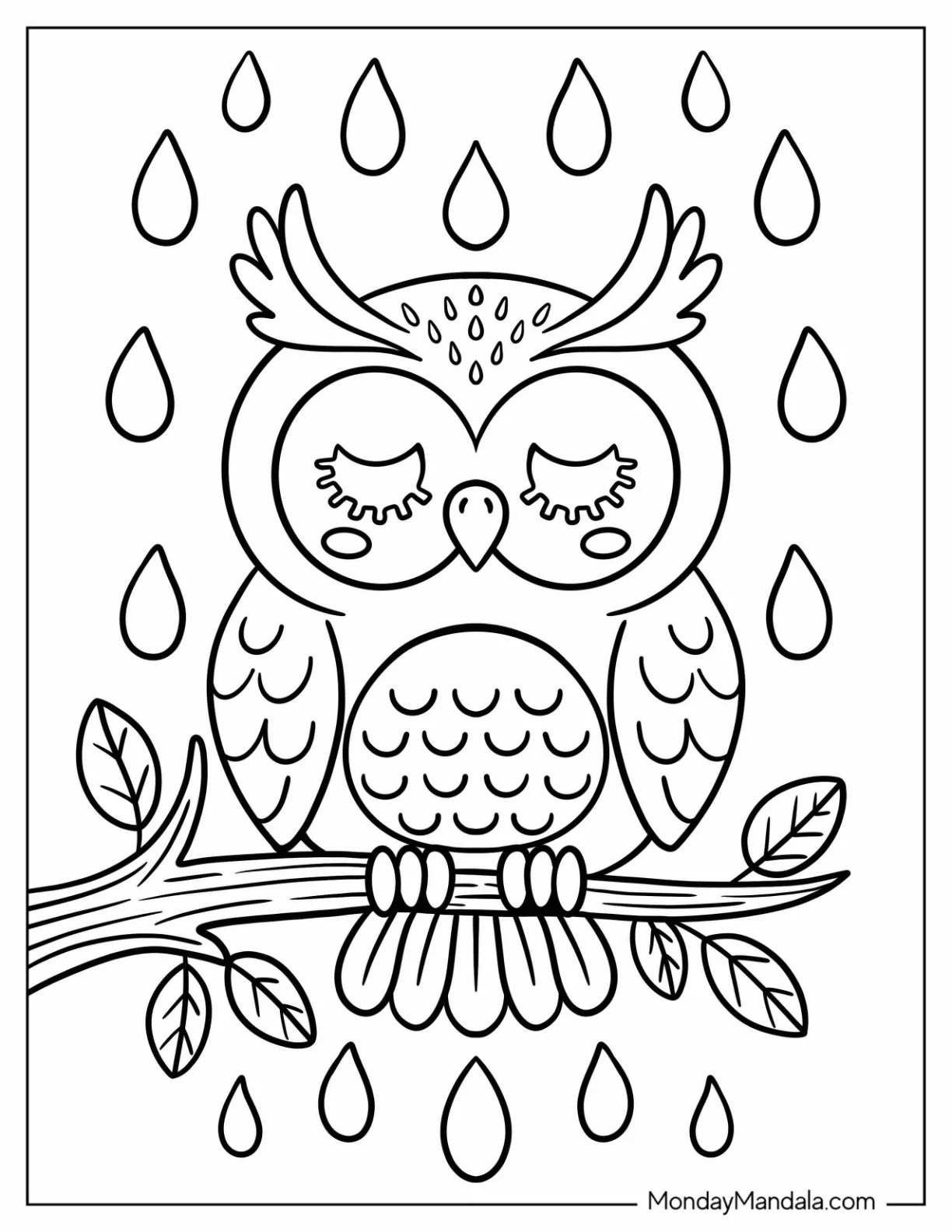 Owl Sitting on Tree Branch With Closed Eyes While Rain Coloring Page Falls For Preschoolers coloring page — printable line art