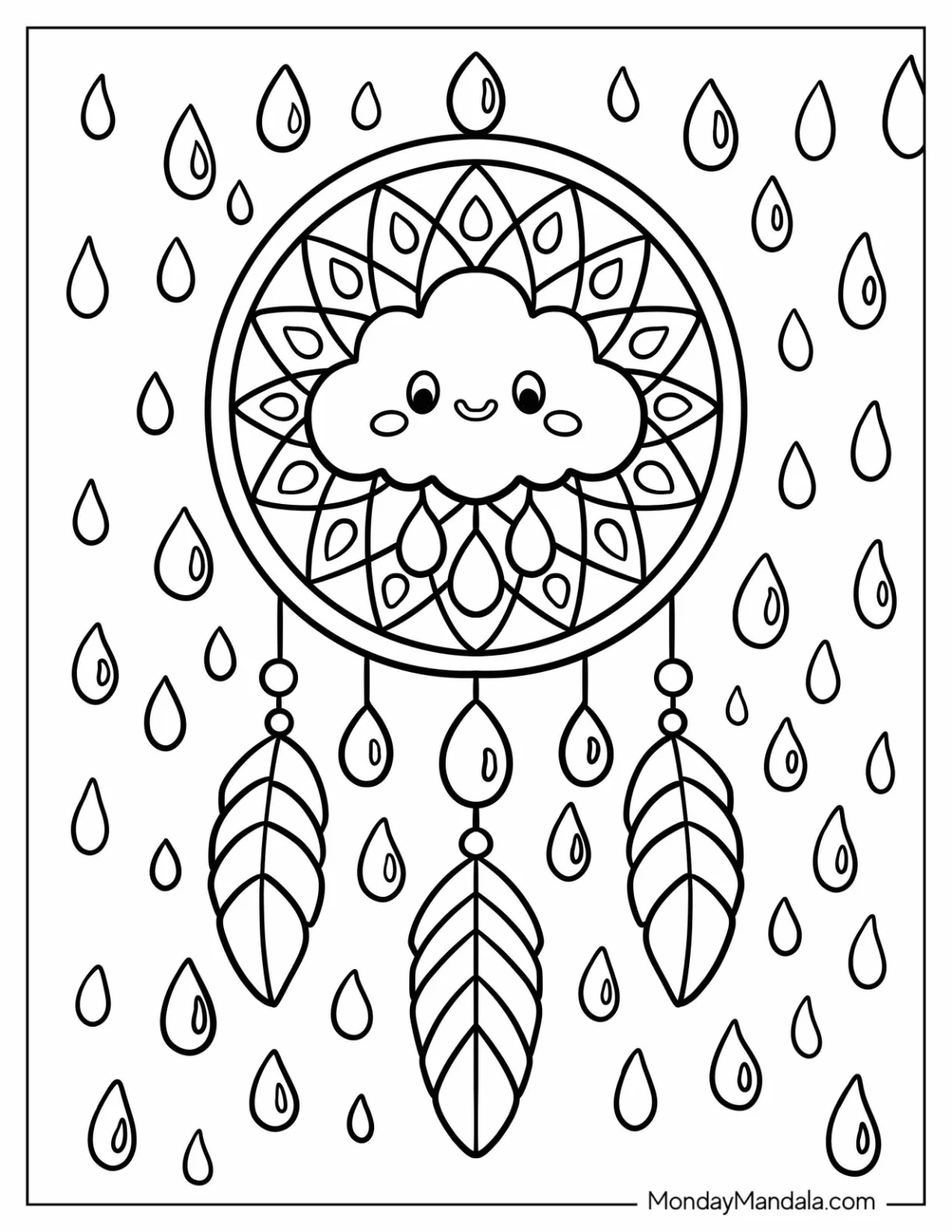 Rain Coloring Page of Cloud Dreamcatcher Surrounded by Raindrops and Decorative Patterns coloring page
