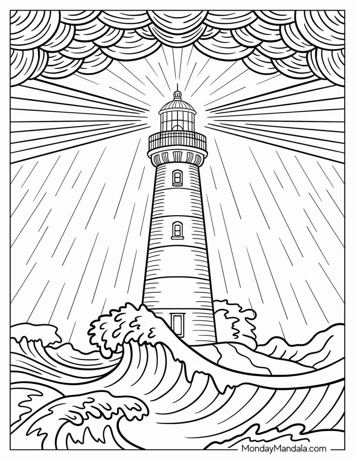 Rain Coloring Page of Coastal Lighthouse Shining Through Rainfall and Rough Waters for Adults coloring page — printable line art