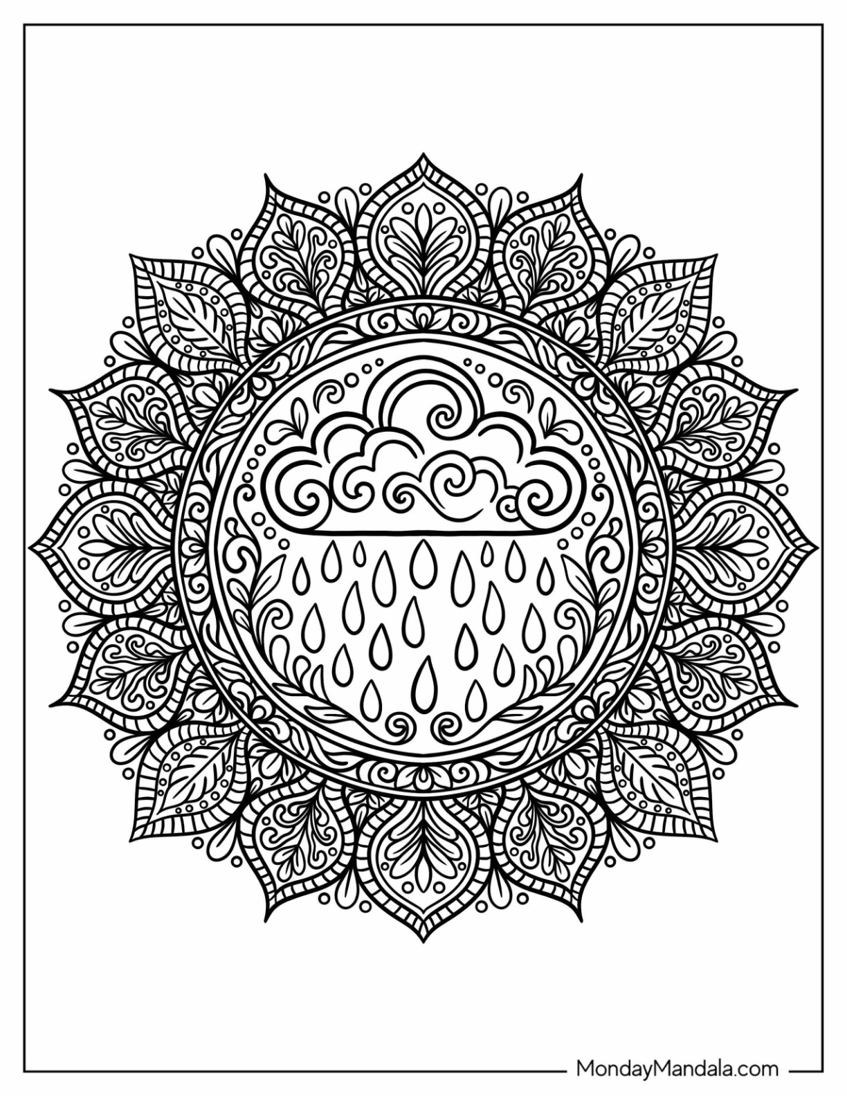 Rain Coloring Page of Inside Ornate Mandala With Paisley Petals and Detailed Lines coloring page — printable line art