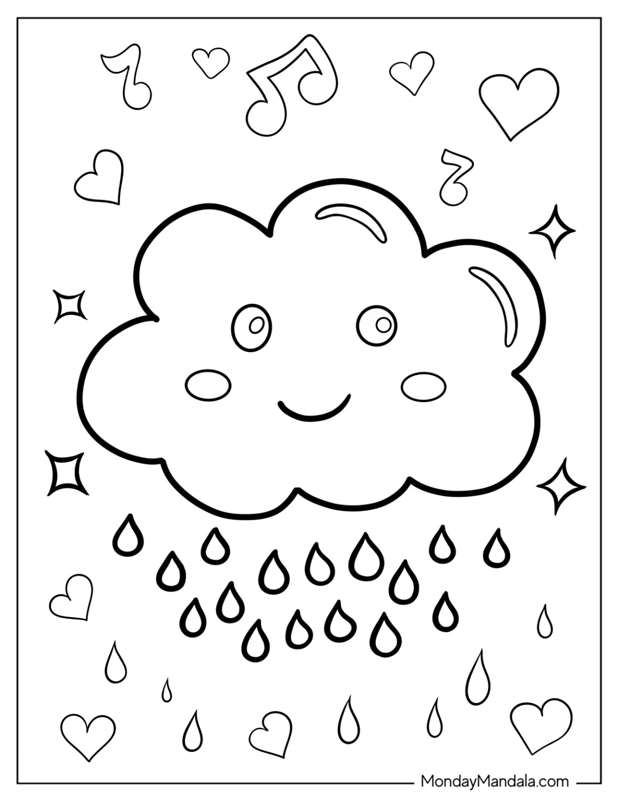 Rain Coloring Page Of Kawaii Raindrops Falling From Cloud For Preschoolers coloring page