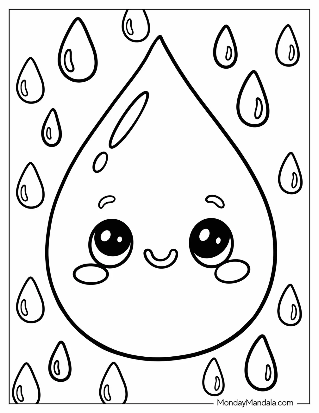 Smiling Raindrop Surrounded by Falling Rain Coloring Page For Preschoolers coloring page — printable line art