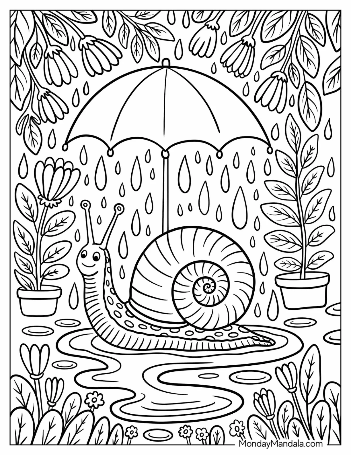 Snail Under Umbrella Surrounded by Potted Plants and Falling Rain Coloring Page for Adults coloring page