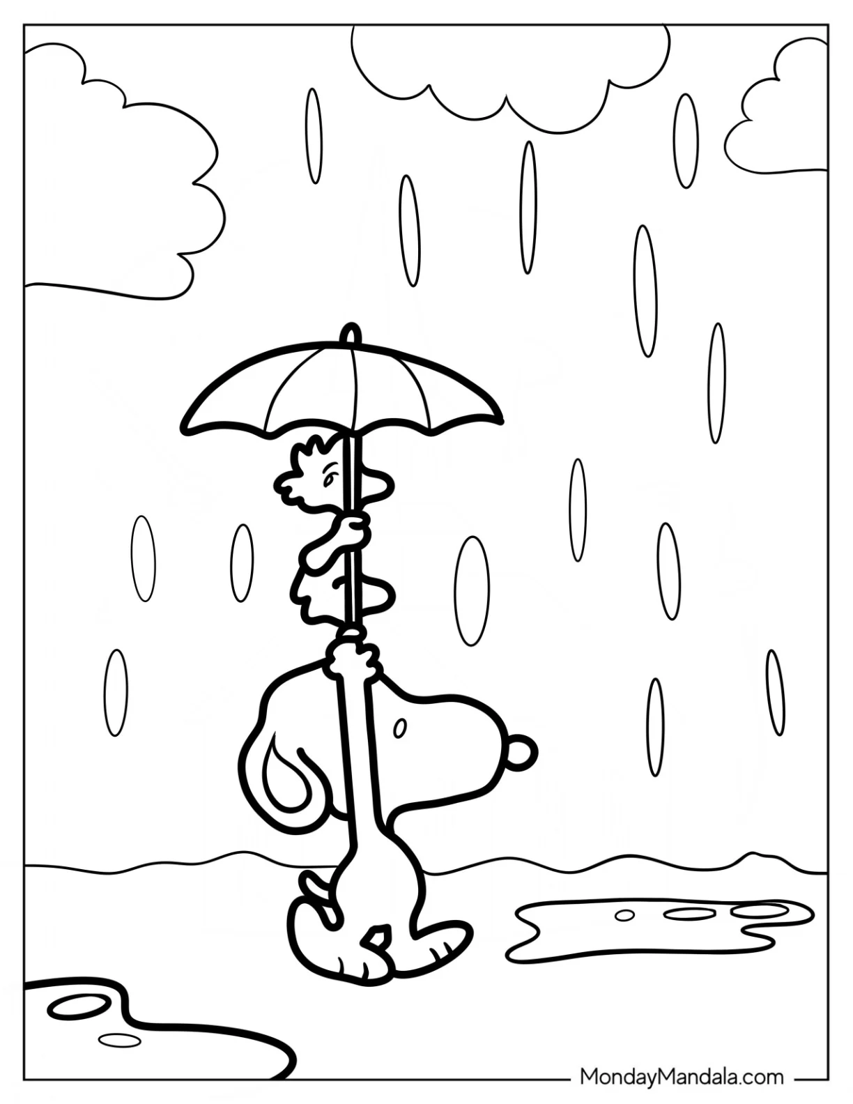 Snoopy And Woodstock Walking Under The Rain Coloring Page coloring page