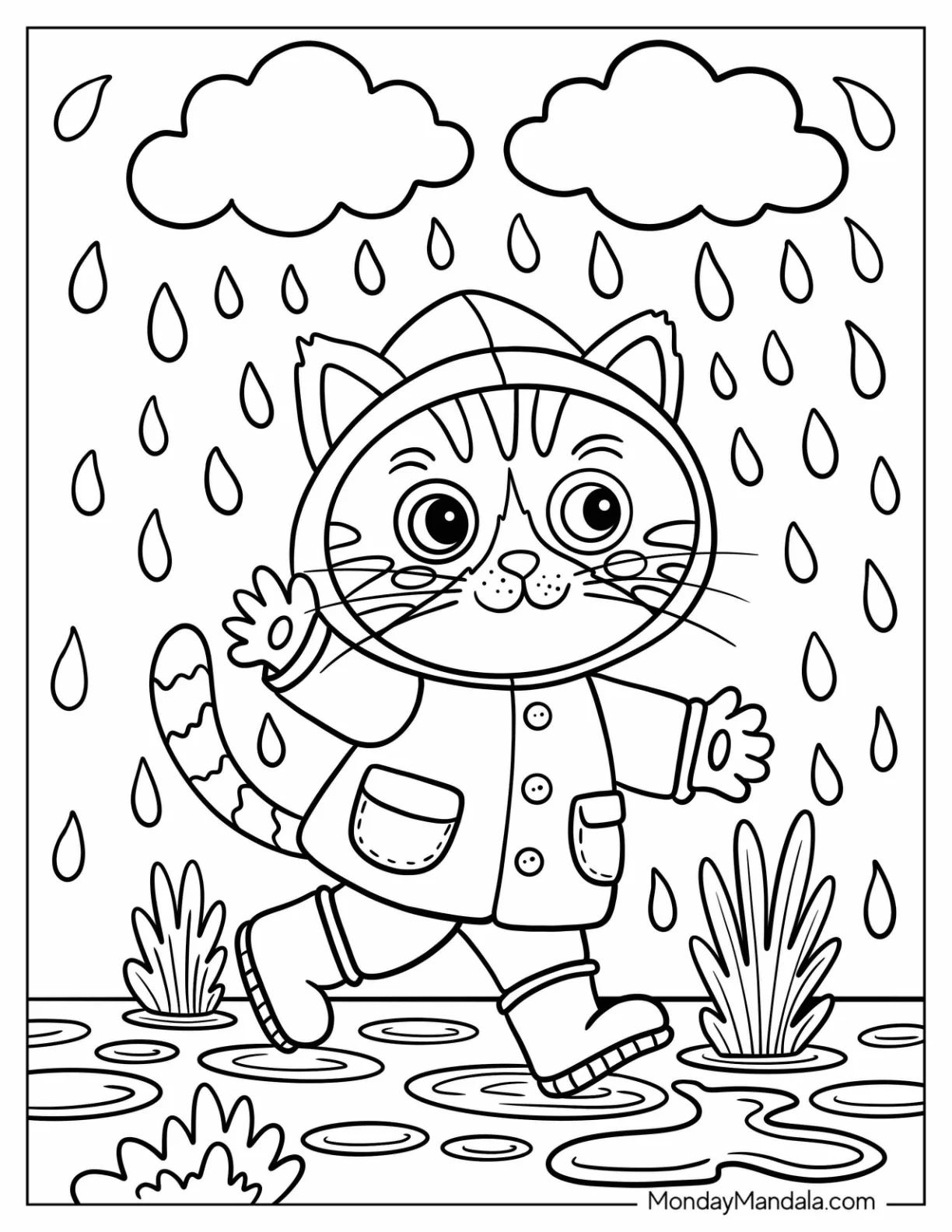 Tabby Cat Walking in Rain Coloring Page With Hooded Coat and Boots For Kids coloring page — printable line art