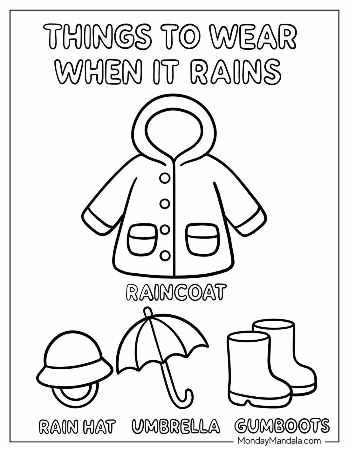 Things to Wear in the Rain Coloring Page With Clothing Items for Wet Weather  For Kids coloring page — printable line art