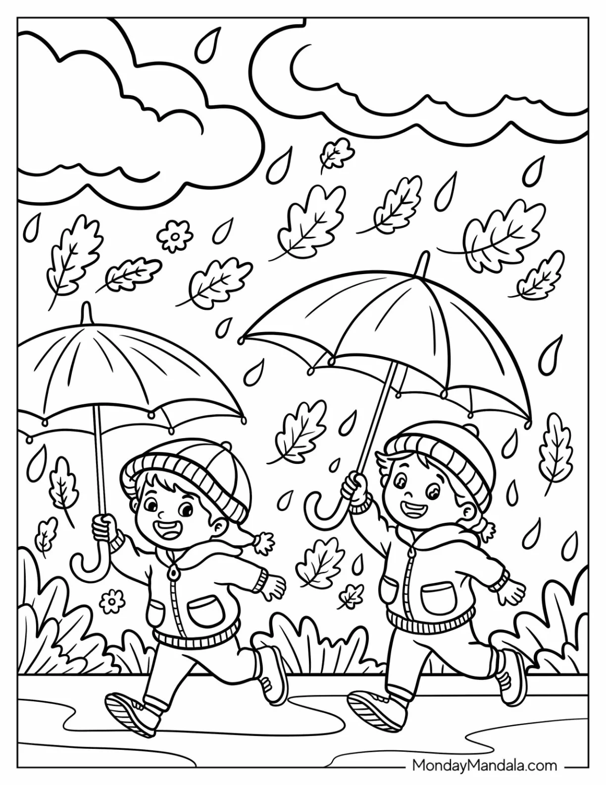 Two Kids Running With Umbrellas Through Rain Coloring Page and Falling Leaves coloring page — printable line art
