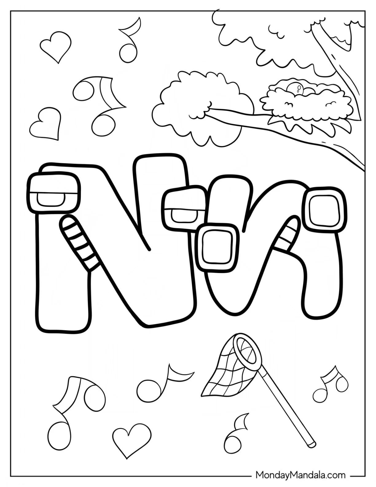Alphabet Lore Coloring Page Letter N With Things That Start With N coloring page — printable line art