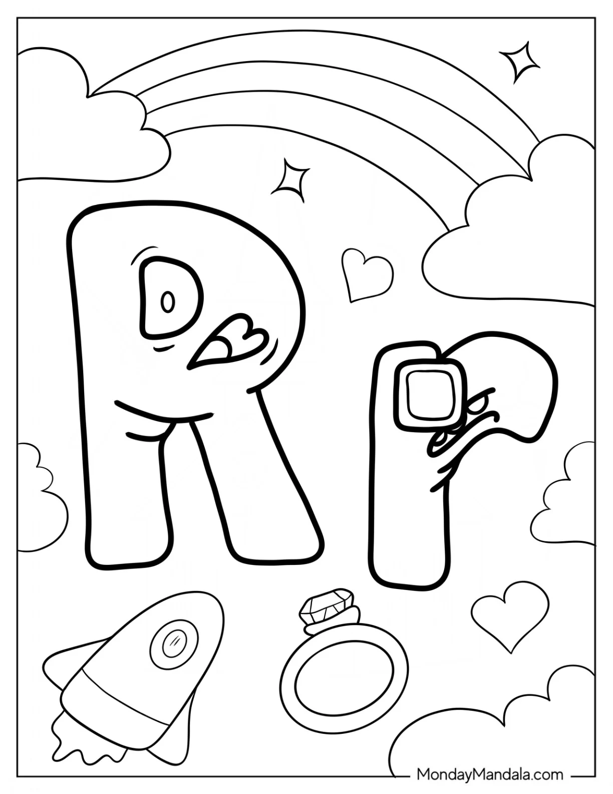 Alphabet Lore Coloring Page Letter R With Rainbow For Kids coloring page — printable line art