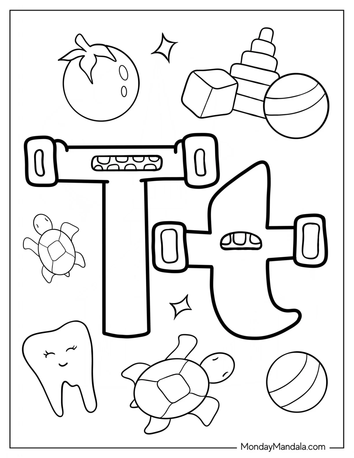 Alphabet Lore Coloring Page Letter T With Turtles And Teeth coloring page — printable line art